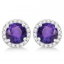 Amethyst & Diamond Halo Stud Earrings in Sterling Silver 2.27ct