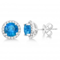 Blue Topaz & Diamond Halo Stud Earrings in Sterling Silver 2.27ct