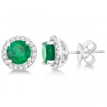 Ladies Emerald & Diamond Halo Stud Earrings in Sterling Silver 1.77ct