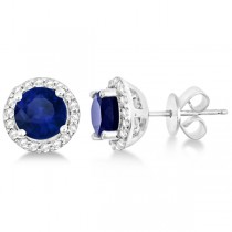 Blue Sapphire & Diamond Halo Stud Earrings in Sterling Silver 2.27ct