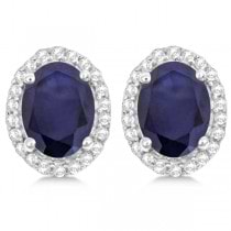 Oval Blue Sapphire & Diamond Halo Stud Earrings Sterling Silver 3.22ct
