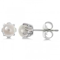 White Pearl Stud Earrings Sterling Silver Prong Set (5mm)