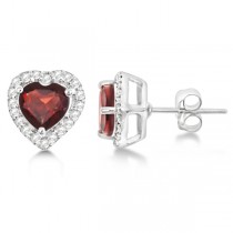 Heart Garnet & Diamond Halo Stud Earrings Sterling Silver 2.28ctw