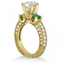 Three-Stone Emerald & Diamond Engagement Ring 14k Yellow Gold 0.94ct