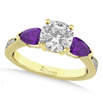 Cushion Diamond & Pear Amethyst Engagement Ring 14k Yellow Gold (1.29ct)