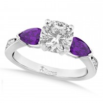 Cushion Diamond & Pear Amethyst Engagement Ring 18k White Gold (1.29ct)