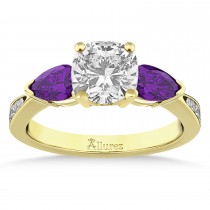 Cushion Diamond & Pear Amethyst Engagement Ring 18k Yellow Gold (1.29ct)
