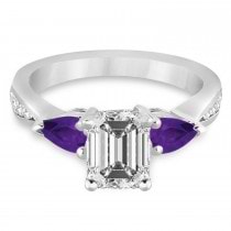 Emerald Diamond & Pear Amethyst Engagement Ring 14k White Gold (1.29ct)