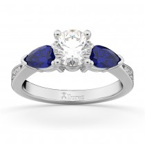 Round Diamond & Pear Blue Sapphire Engagement Ring 18k White Gold (1.29ct)