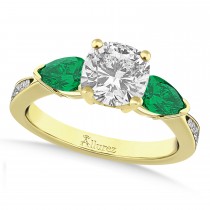Cushion Diamond & Pear Green Emerald Engagement Ring 14k Yellow Gold (1.29ct)