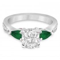 Cushion Diamond & Pear Green Emerald Engagement Ring 18k White Gold (1.29ct)