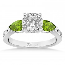 Cushion Diamond & Pear Peridot Engagement Ring 14k White Gold (1.29ct)