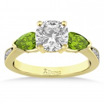 Cushion Diamond & Pear Peridot Engagement Ring 18k Yellow Gold (1.79ct)