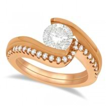 Tension Set Lab Diamond Engagement Ring & Band Bridal Set 18K Rose Gold