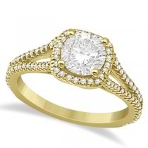 Square Halo Diamond Engagement Ring Split Shank 14K Yellow Gold 1.25ct