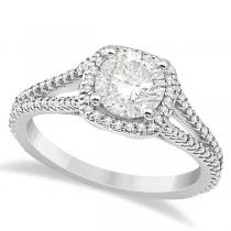 Square Halo Diamond Engagement Ring Split Shank 18K White Gold 1.25ctw