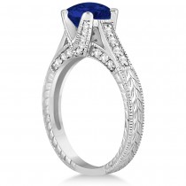 Diamond & Blue Sapphire Antique Engagement Ring 14k White Gold (1.40ct)