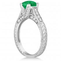 Diamond & Emerald Antique Engagement Ring 14k White Gold (1.40ct)