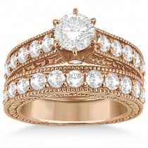 Antique Diamond Wedding & Engagement Ring Set 18k Rose Gold (2.15ct)