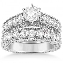 Antique Diamond Wedding & Engagement Ring Set 18k White Gold (2.15ct)