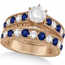 Antique Diamond & Blue Sapphire Bridal Ring Set 14k Rose Gold (3.87ct)