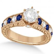 Antique Diamond & Blue Sapphire Bridal Ring Set 18k Rose Gold (3.87ct)