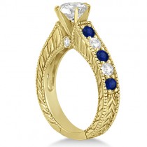 Antique Diamond & Blue Sapphire Bridal Ring Set 18k Yellow Gold (3.87ct)