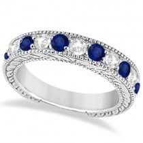 Antique Diamond & Blue Sapphire Bridal Ring Set in Palladium (3.87ct)