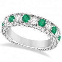 Antique Diamond and Emerald Bridal Ring Set 14k White Gold (3.51ct)