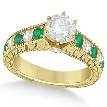 Antique Diamond and Emerald Bridal Ring Set 14k Yellow Gold (3.51ct)