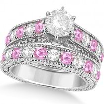 Antique Diamond & Pink Sapphire Bridal Ring Set 14k White Gold (3.87ct)