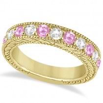 Antique Diamond & Pink Sapphire Bridal Ring Set 14k Yellow Gold (3.87ct)