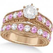 Antique Diamond & Pink Sapphire Bridal Ring Set 18k Rose Gold (3.87ct)