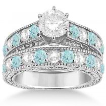 Antique Diamond & Aquamarine Bridal Wedding Ring Set 18k White Gold (2.75ct)