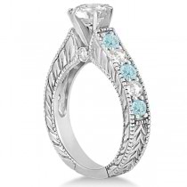 Antique Diamond & Aquamarine Bridal Wedding Ring Set 18k White Gold (2.75ct)
