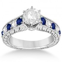 Antique Diamond & Sapphire Bridal Ring Set 14k White Gold (2.87ct)