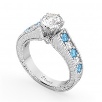 Vintage Diamond & Blue Topaz Engagement Ring Setting 14k White Gold (1.35ct)