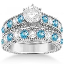 Antique Diamond & Blue Topaz Bridal Wedding Ring Set 14k White Gold (2.75ct)