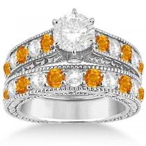 Antique Diamond & Citrine Bridal Wedding Ring Set 14k White Gold (2.75ct)
