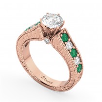 Vintage Diamond & Emerald Engagement Ring 14k Rose Gold (1.23ct)