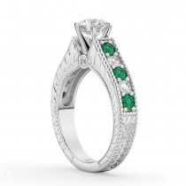 Vintage Diamond & Emerald Engagement Ring 14k White Gold (1.23ct)