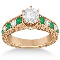 Antique Diamond & Emerald Bridal Ring Set 14k Rose Gold (2.51ct)