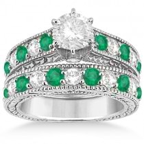 Antique Diamond & Emerald Bridal Ring Set 14k White Gold (2.51ct)