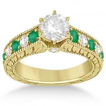 Antique Diamond & Emerald Bridal Ring Set 14k Yellow Gold (2.51ct)