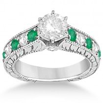 Antique Diamond & Emerald Bridal Wedding Ring Set Palladium 2.51ct - U3112