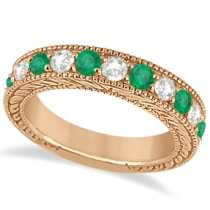 Antique Diamond & Emerald Wedding Ring Band 14k Rose Gold (1.28ct)