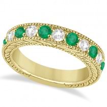 Antique Diamond & Emerald Wedding Ring Band 14k Yellow Gold (1.28ct)