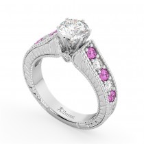 Vintage Diamond & Pink Sapphire Engagement Ring in 18k W Gold (1.41ct)