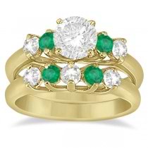 Five Stone Diamond and Emerald Bridal Ring Set 18k Yellow Gold (0.98ct)