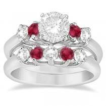 Five Stone Diamond and Ruby Bridal Ring Set 14k White Gold (1.10ct)